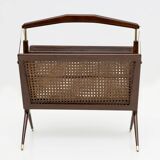 Mid-Century Modern Italian Wicker and Brass Magazine Rack, 1950
