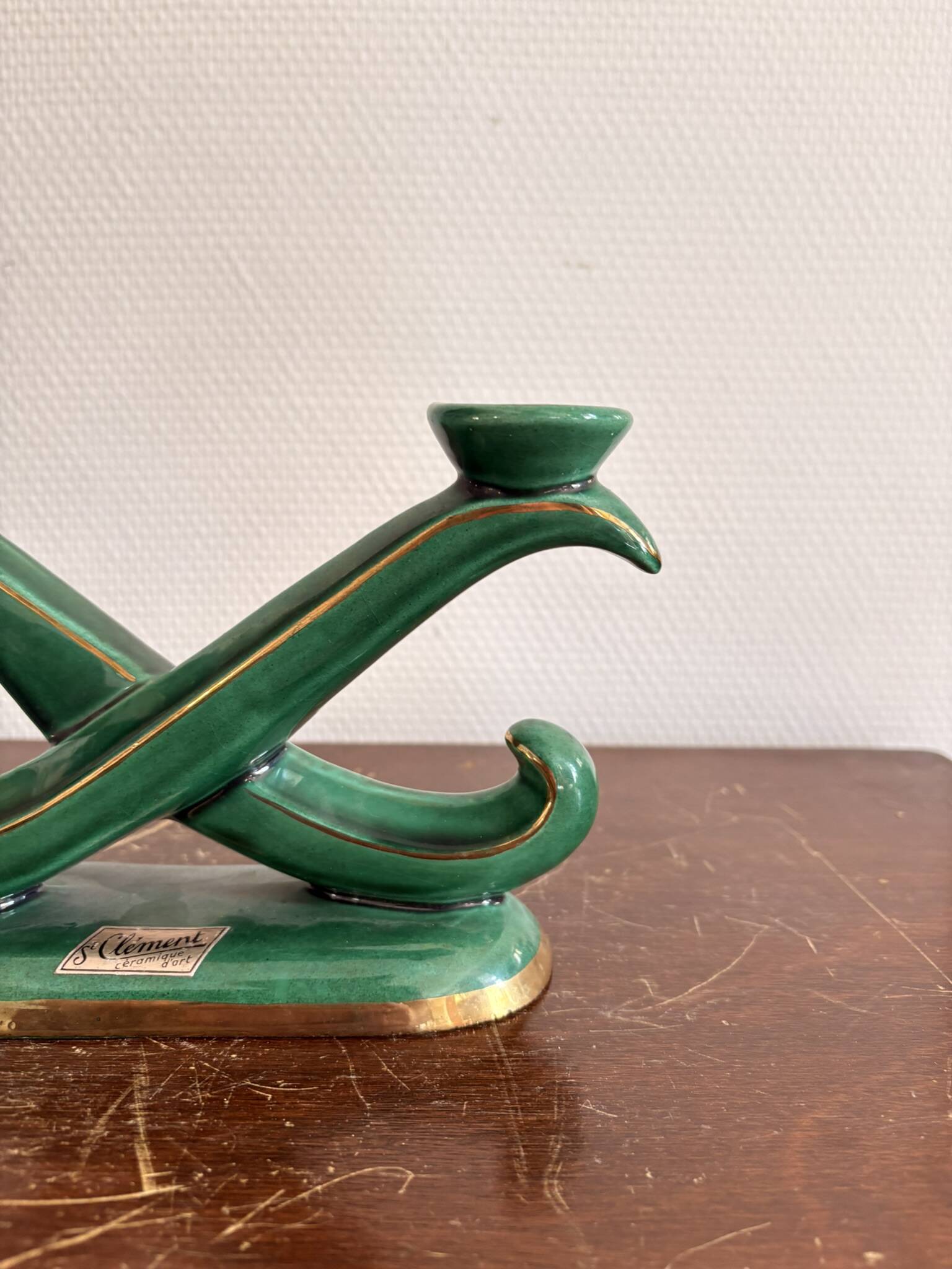 Antique Candle Holder Chandelier 2 Arms Saint Clément Glazed Green Ceramic