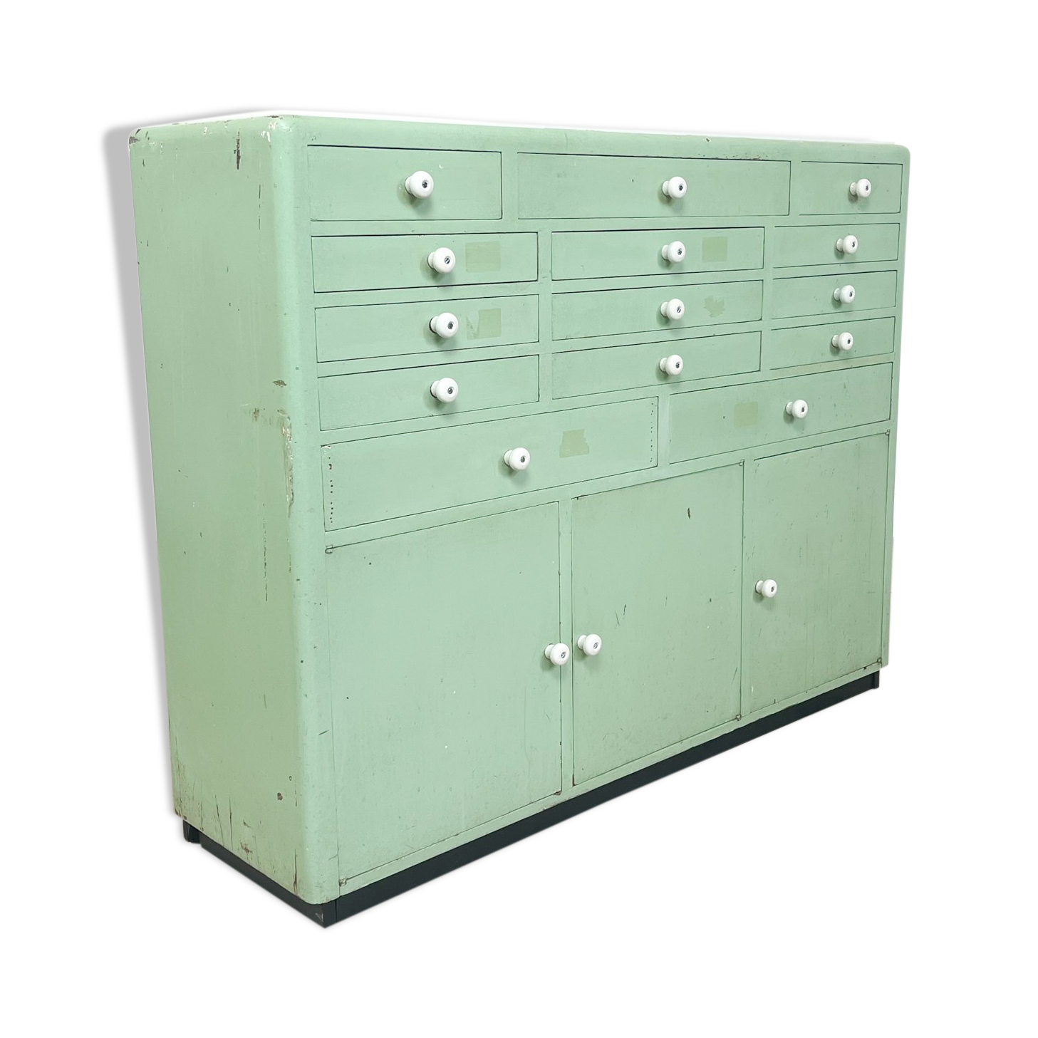 Vintage mint green dentist drawer unit with opaline glass top