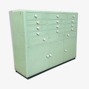 Vintage mint green dentist drawer unit with opaline glass top