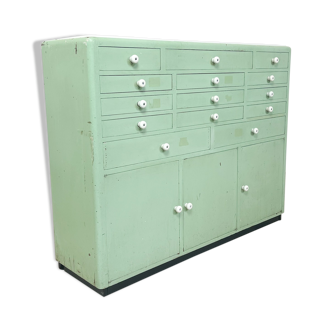 Vintage mint green dentist drawer unit with opaline glass top