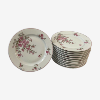 Série de 12 assiettes à dessert en porcelaine décors fleuris Bernardaud Limoges