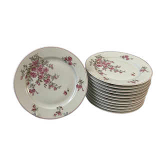 Series of 12 porcelain dessert plates decorated with flowers Bernardaud Limoges