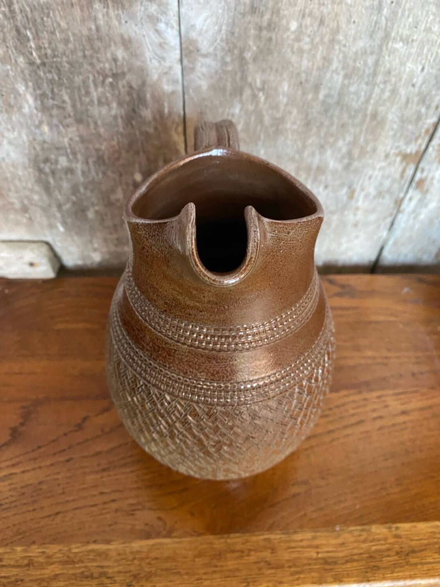 Antique brown stoneware pitcher geometric chiseled decor made in france vintage