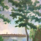 Old painting trees and lake