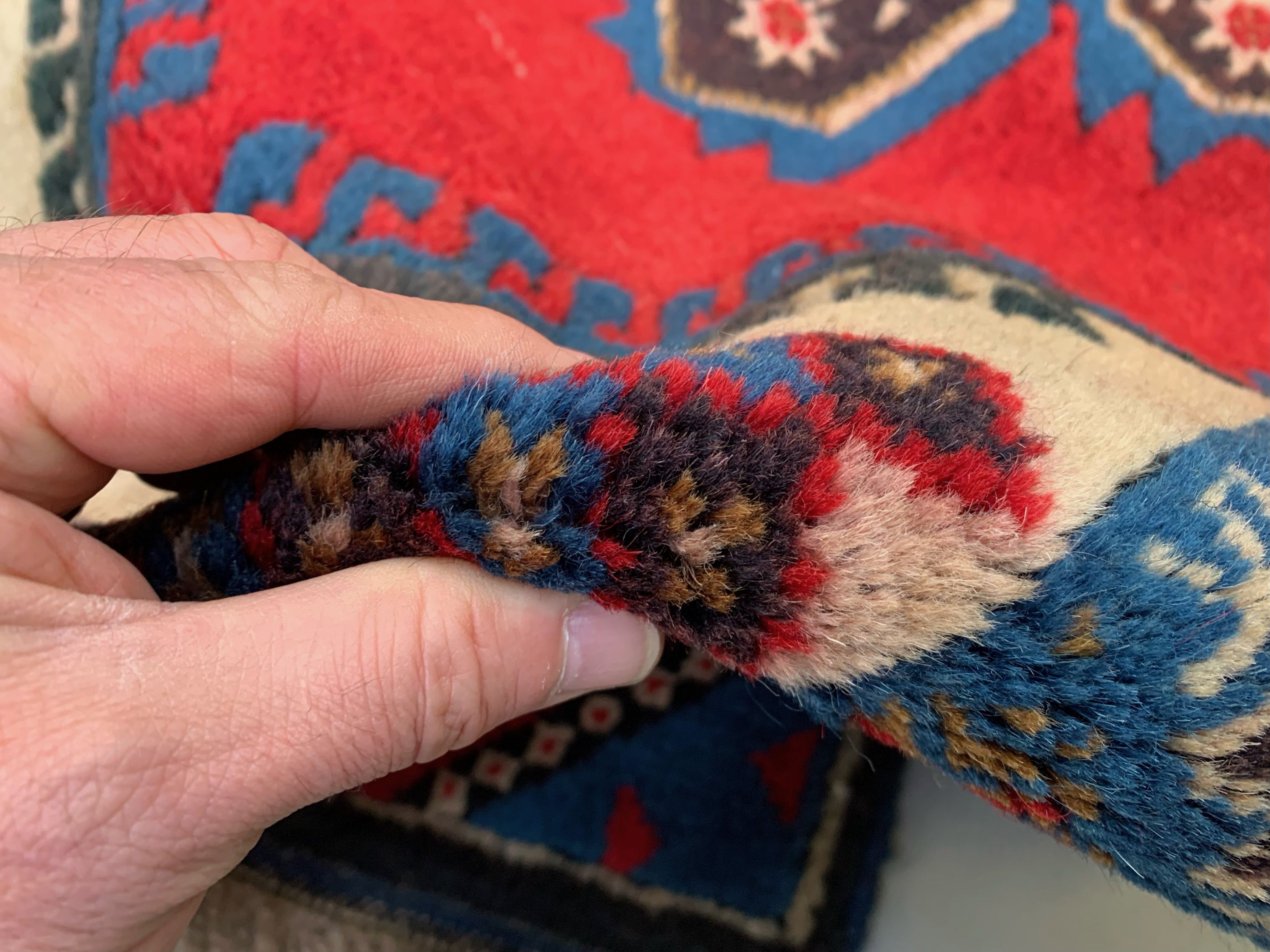 Turkish runner 490x88 cm tribal rug, red, beige, blue, vintage