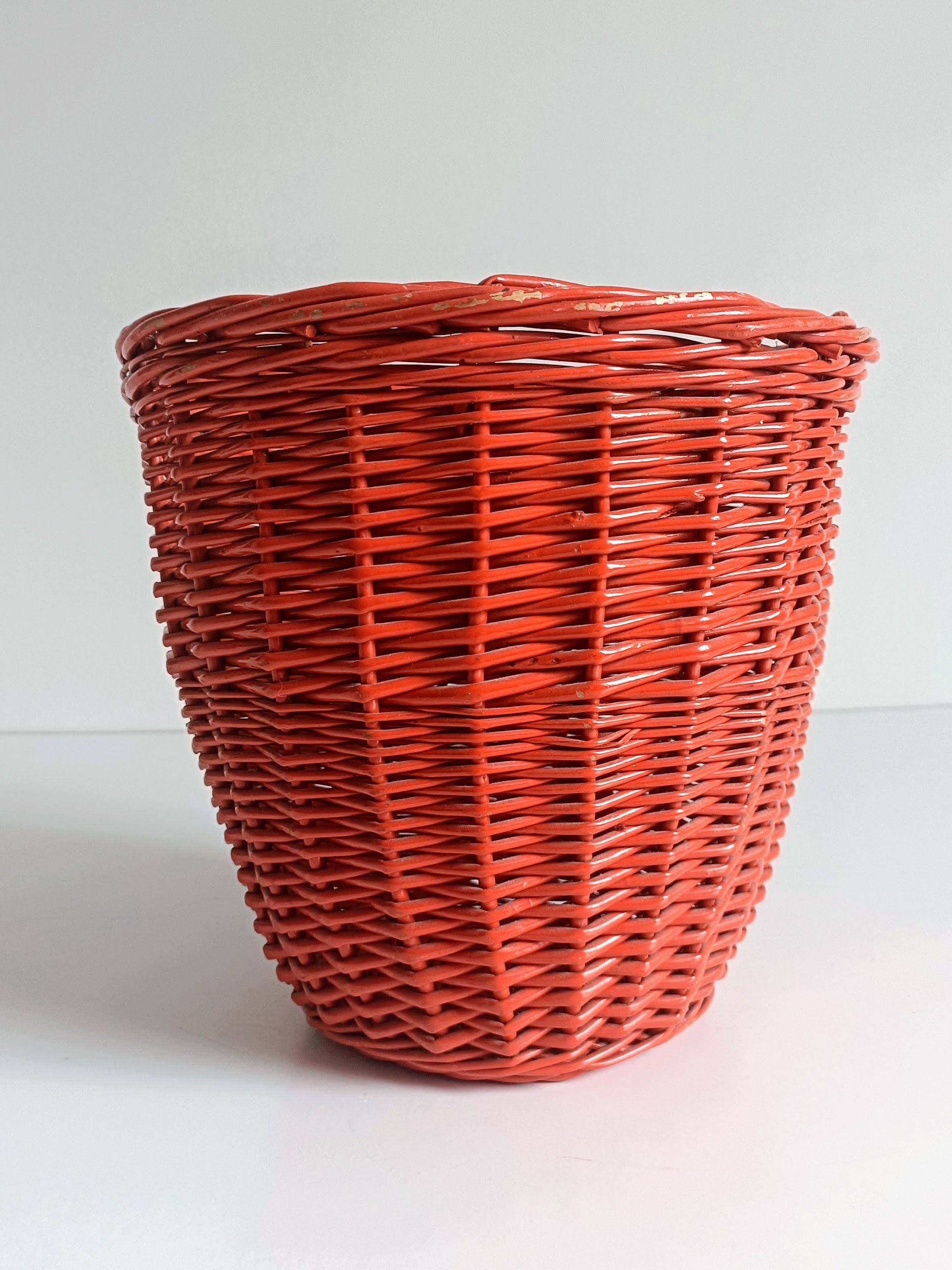 Bohemian Mid-Century Coral Red Wicker Basket, France, circa 1960s