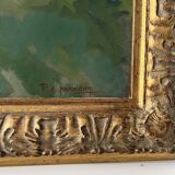 Large oil on panel of a Breton landscape 1950, antique painting signed.