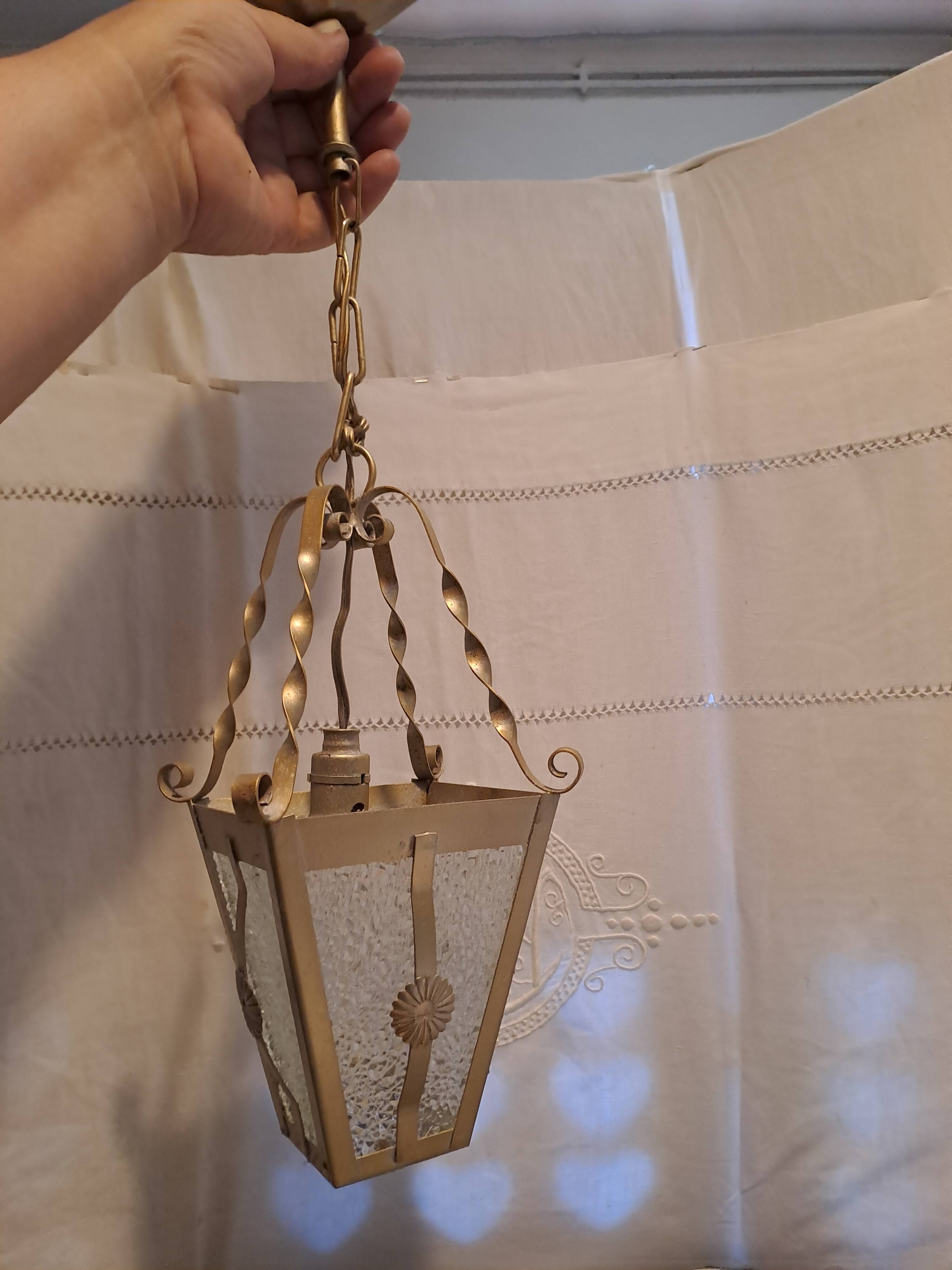 Interior pendant light Lantern ceiling light in gold metal and grained glass 1950 France