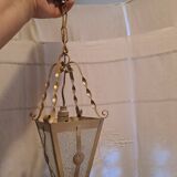 Interior pendant light Lantern ceiling light in gold metal and grained glass 1950 France