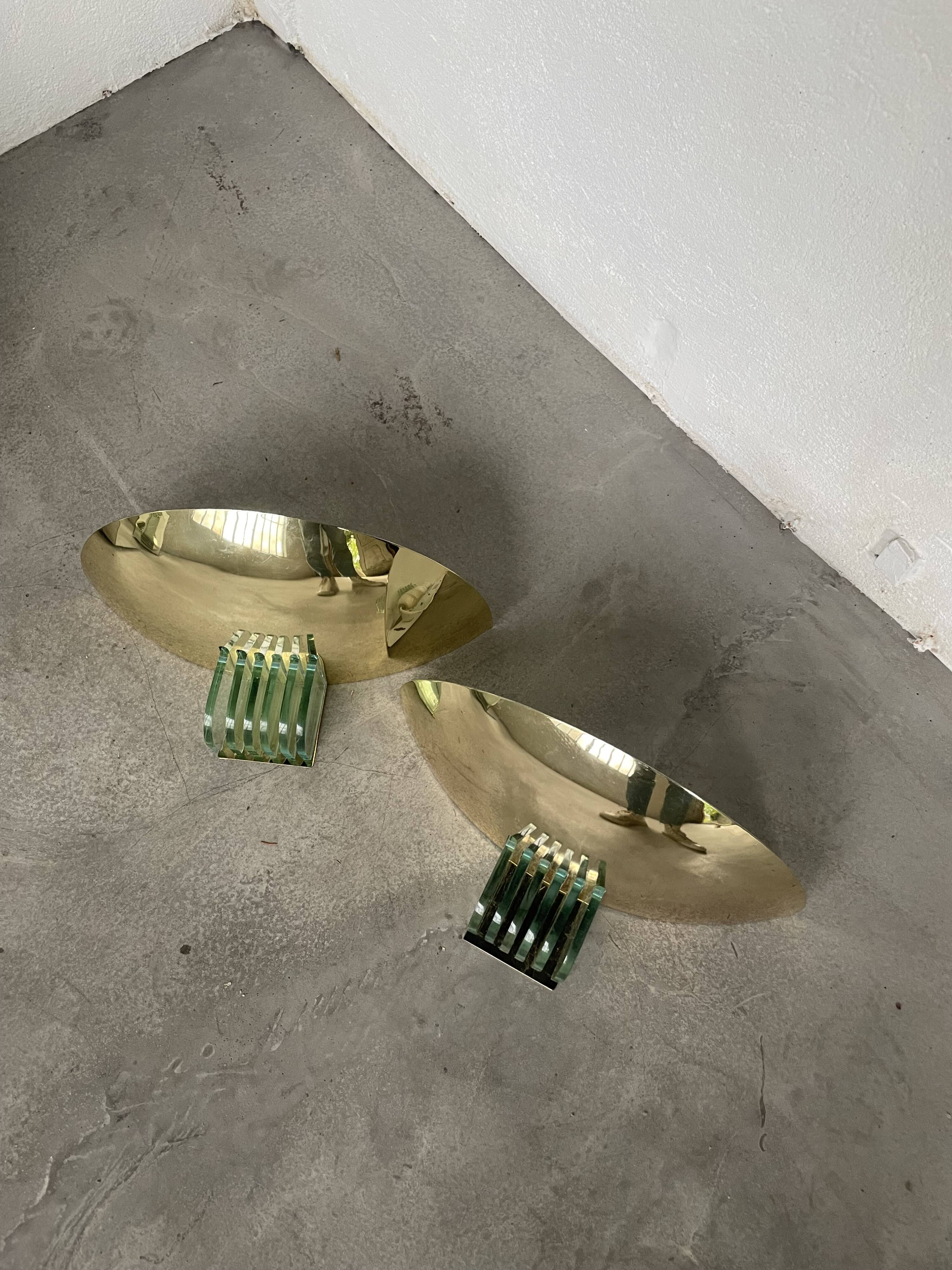 Pair of brass and art deco glass wall lights SCE
