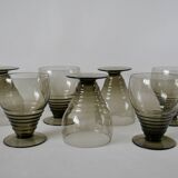 Set of 7 large art deco design wine glasses in smoked glass from the 30s and 40s