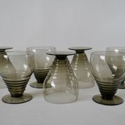 Set of 7 large art deco design wine glasses in smoked glass from the 30s and 40s