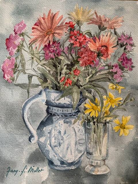 Old watercolor signed Jany. F. Millet (1926-1992), bouquet of flowers under framed glass, 1950