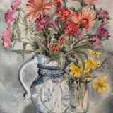 Old watercolor signed Jany. F. Millet (1926-1992), bouquet of flowers under framed glass, 1950