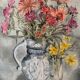 Aquarelle ancienne signée Jany. F. Millet (1926-1992), bouquet de fleurs sous verre encadré, 1950