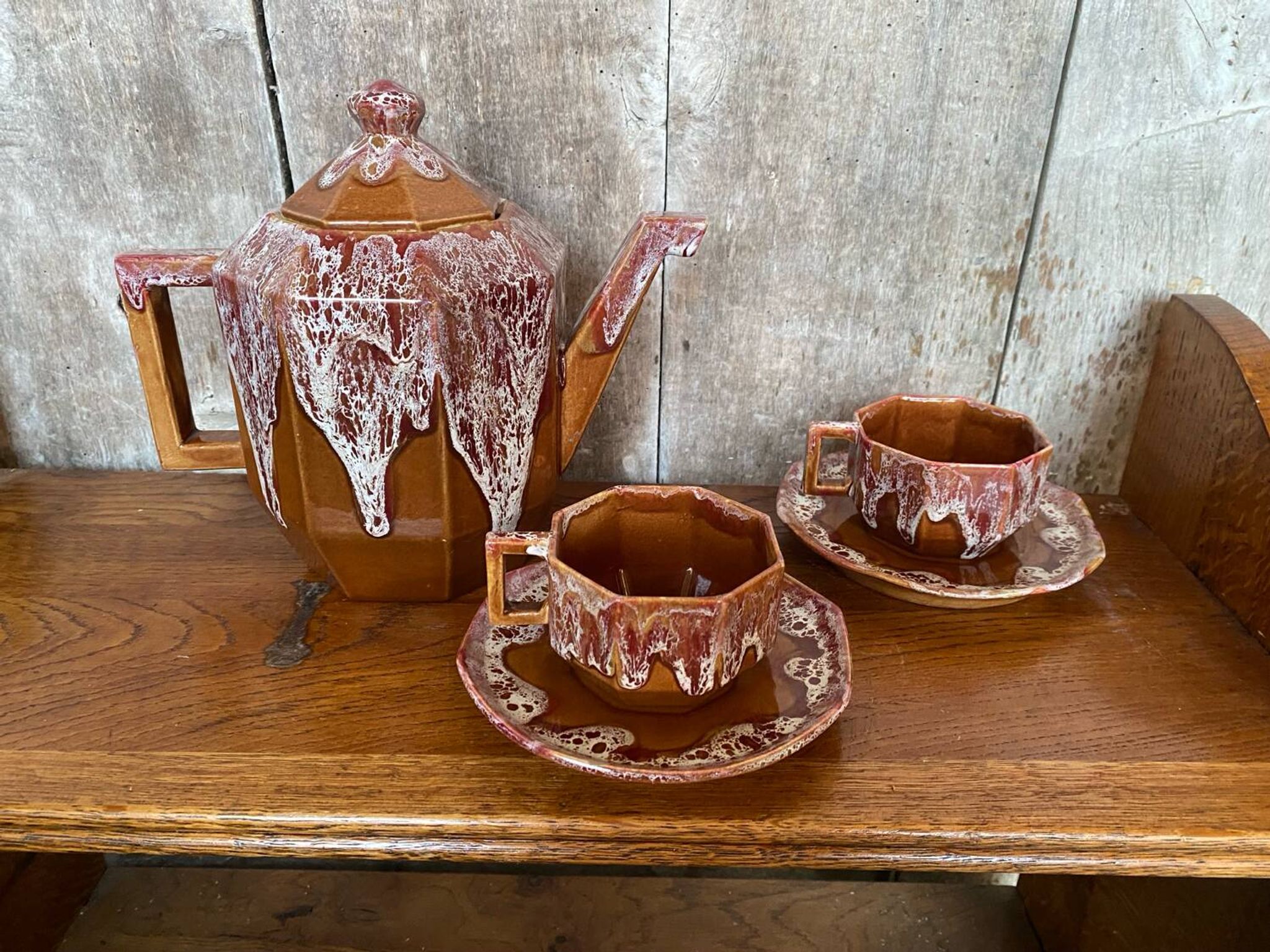 Ancienne théière gf art déco céramique flammée marron vintage
