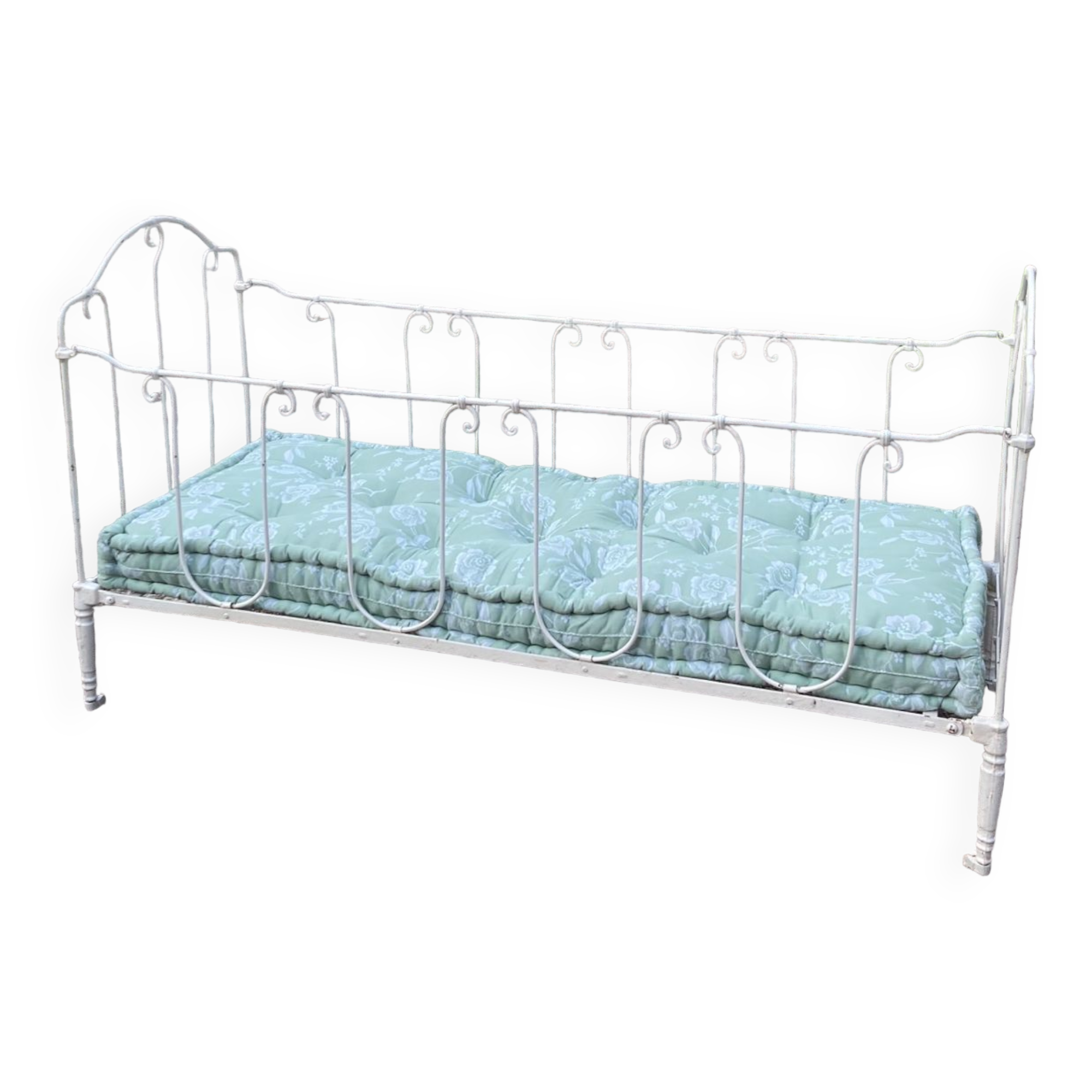 19th century wrought iron baby bed convertible into a bench + wool mattress