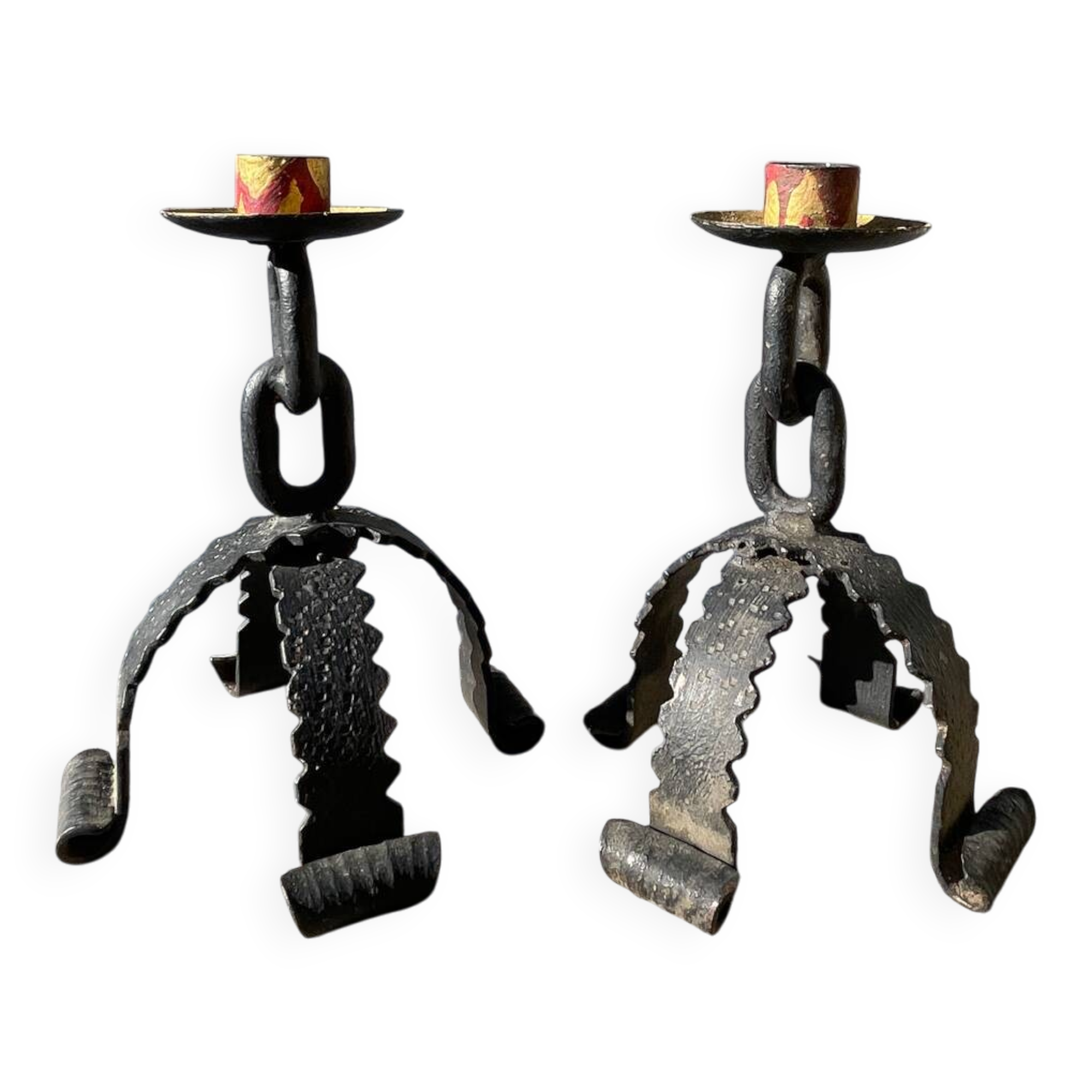 Pair of candlesticks with wrought iron chain
