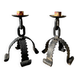 Pair of candlesticks with wrought iron chain