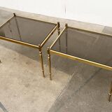 Mid-century Hollywood neoclassical brass and glass side tables or bedside tables from the 1950s, set of 2.