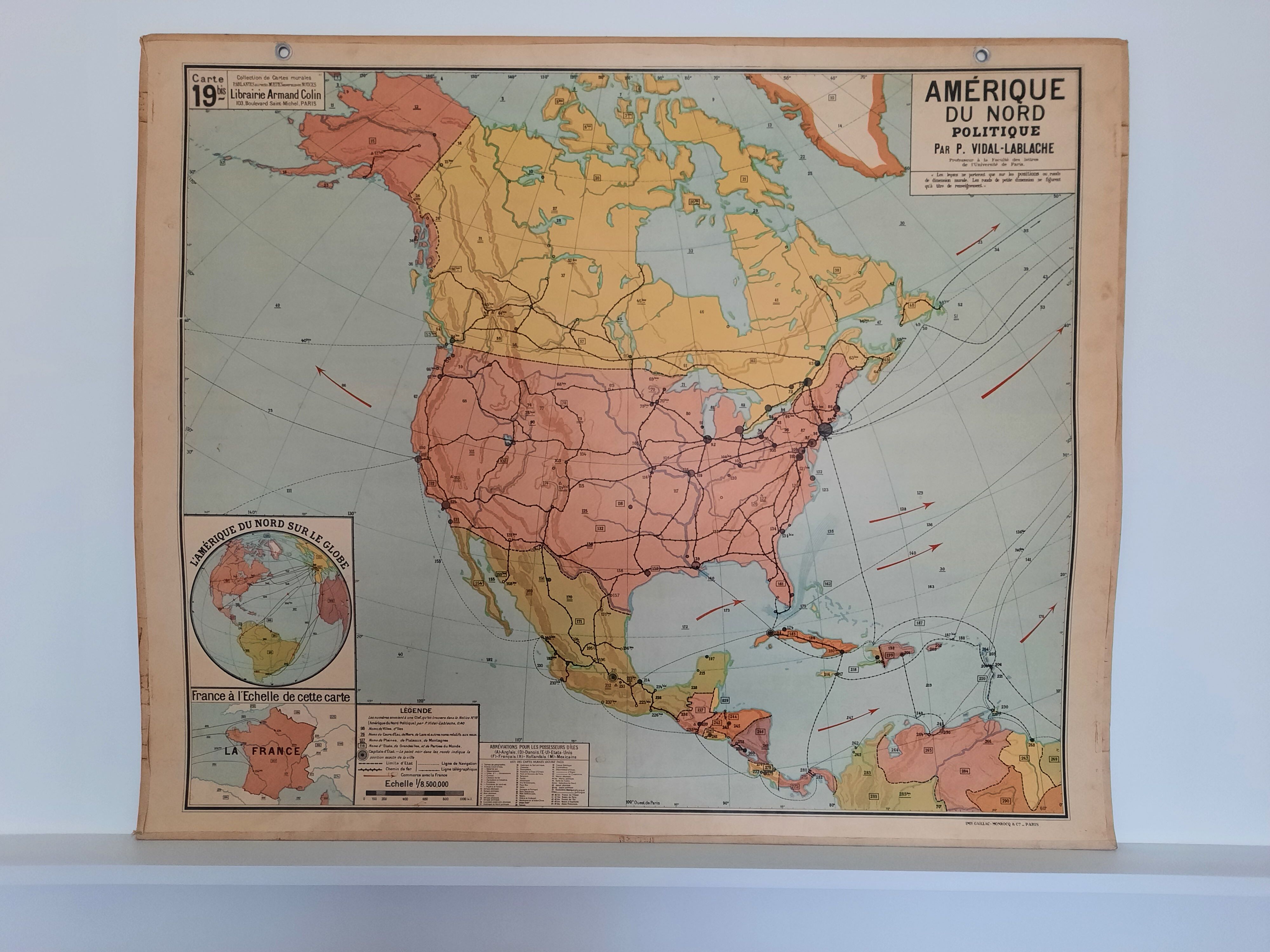 Carte scolaire ancienne de l.'Amérique du Nord, Vidal-Lablache U.S.A. cartonnée