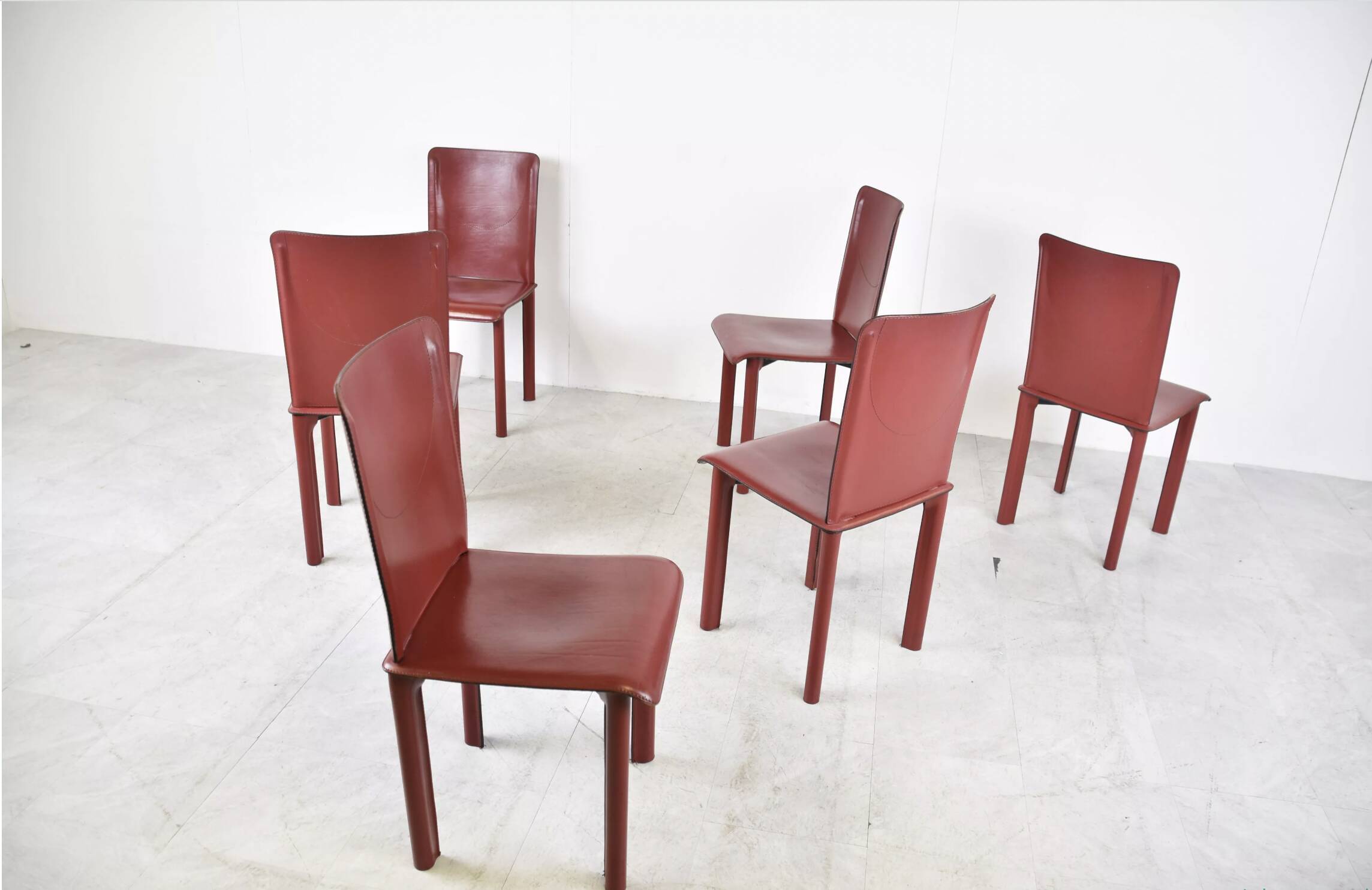 6 red leather dining chairs made in Italy, 1980s
