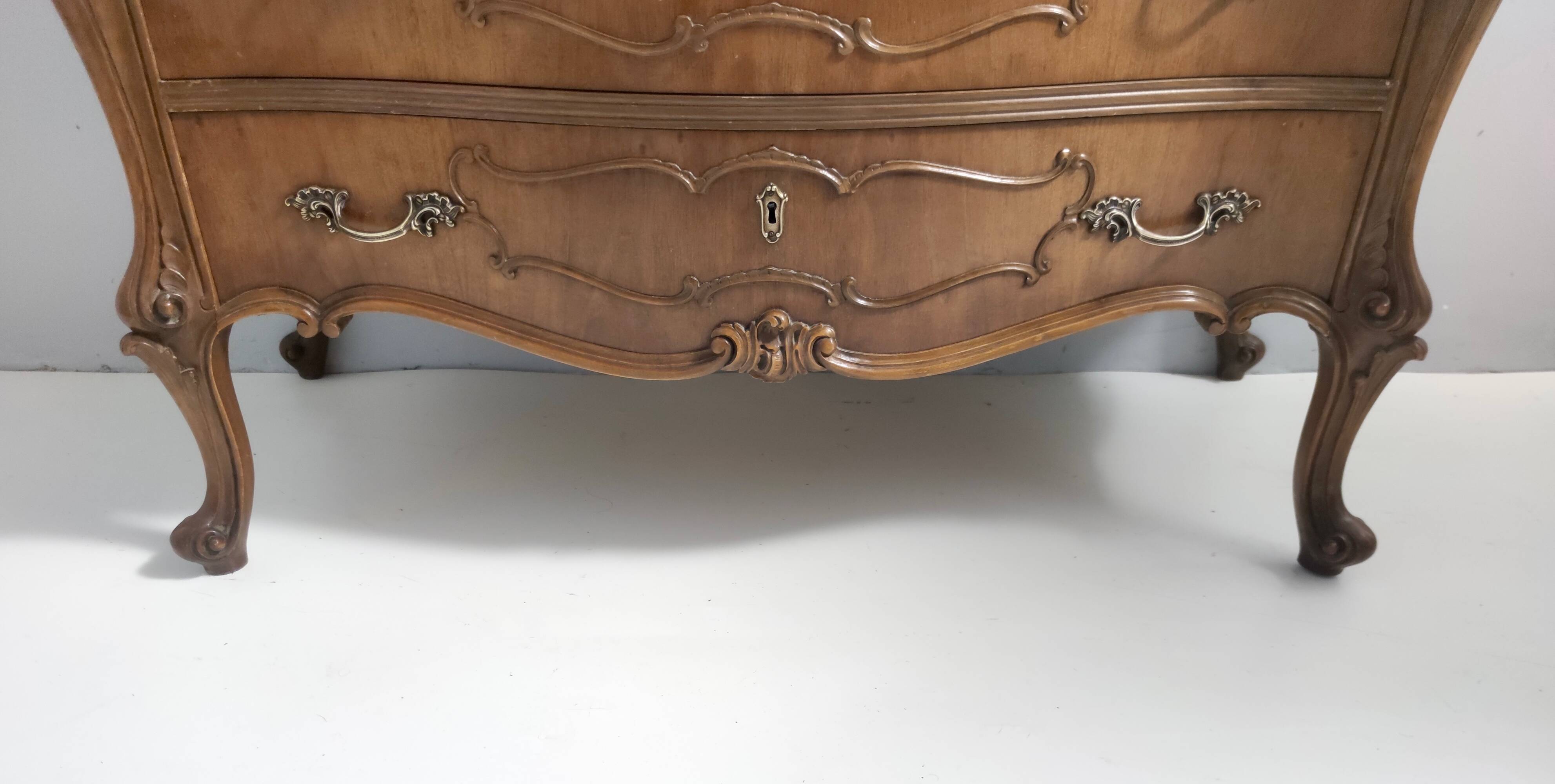 Vintage Baroque Solid Walnut Dresser with Inlaid Designs, Italy