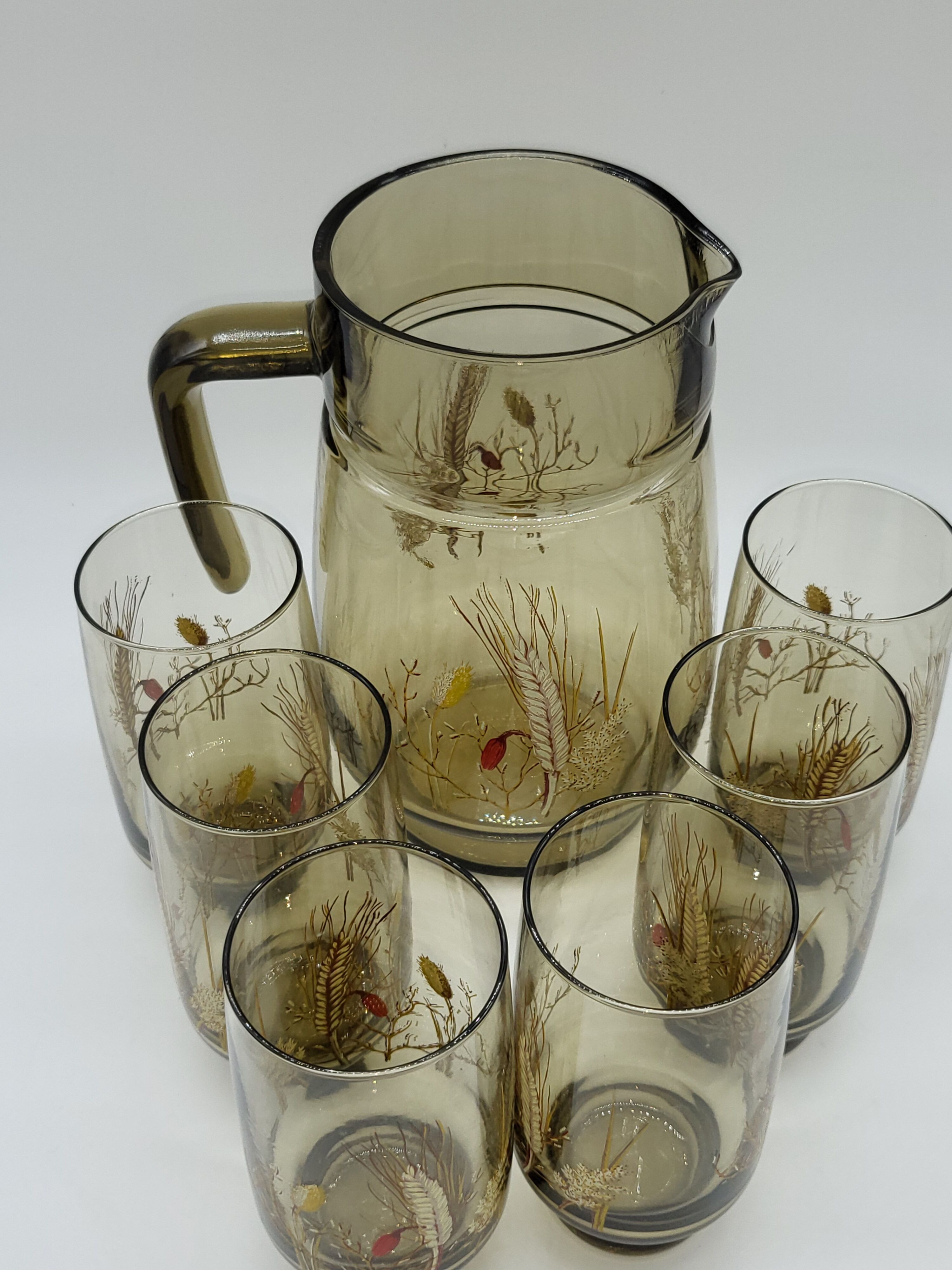 Pitcher and 6 lemonade glasses - wheat cob decoration - Luminarc France - vintage 70s