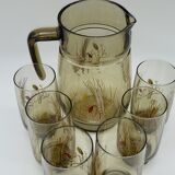 Pitcher and 6 lemonade glasses - wheat cob decoration - Luminarc France - vintage 70s
