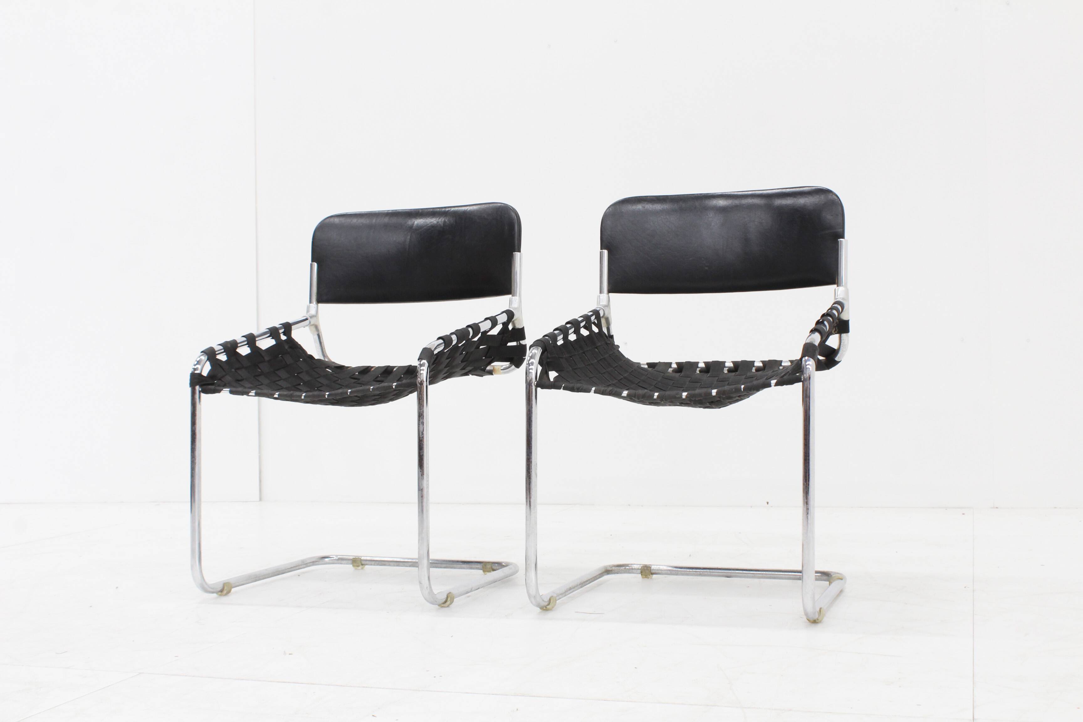 Set Vintage italian chairs black leather and chrome 1970s