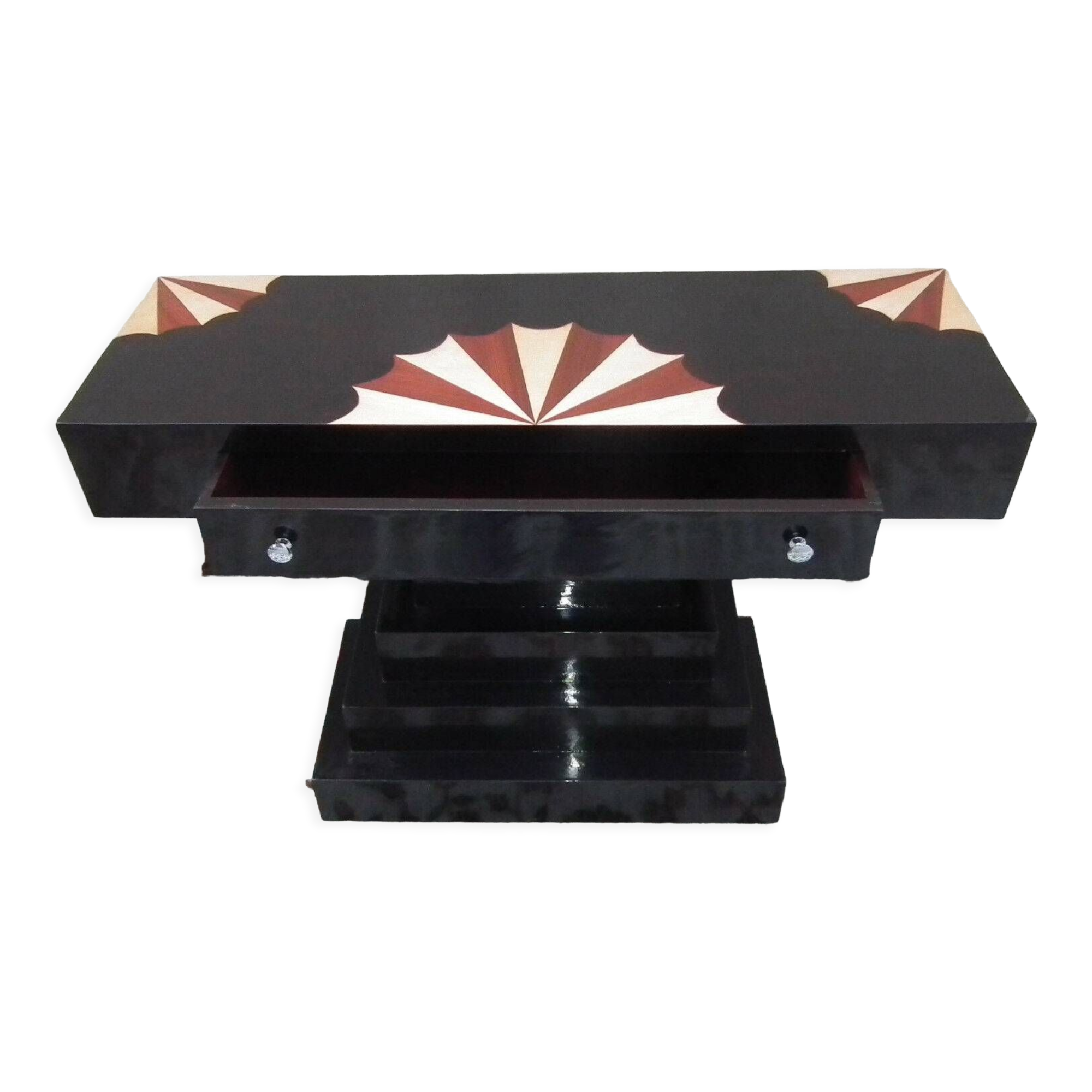 Pyramid-shaped console made entirely of beech wood, elm magnifying glass and rosewood