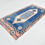 Tapis Vintage Géométrique Bleu et Rose Fait Main – Style Oriental,128x265Cm