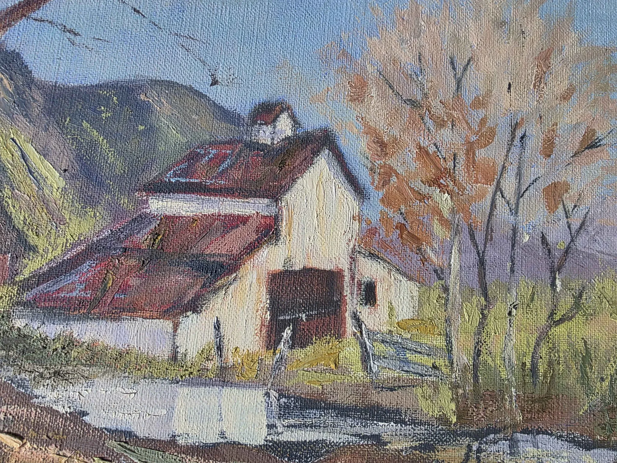 Vintage Oil Landscape Painting - Impasto Barn Scene
