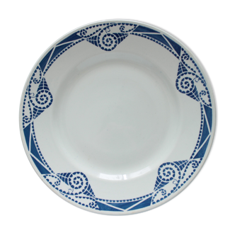 Ancien plat à gâteaux français piédouche art déco bleu&blanc