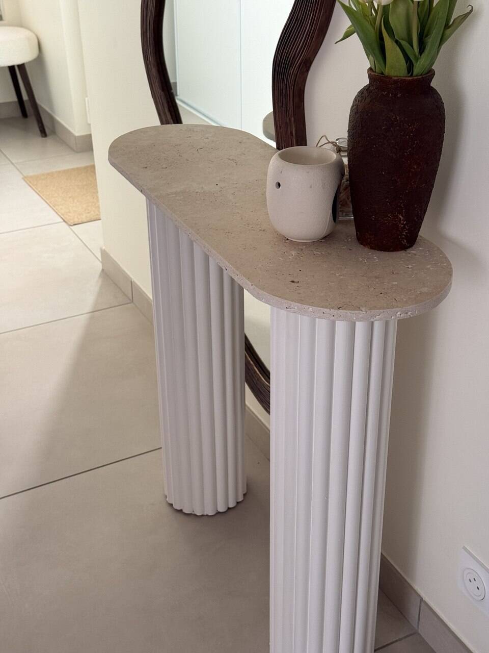 Travertine and wood console | white oak