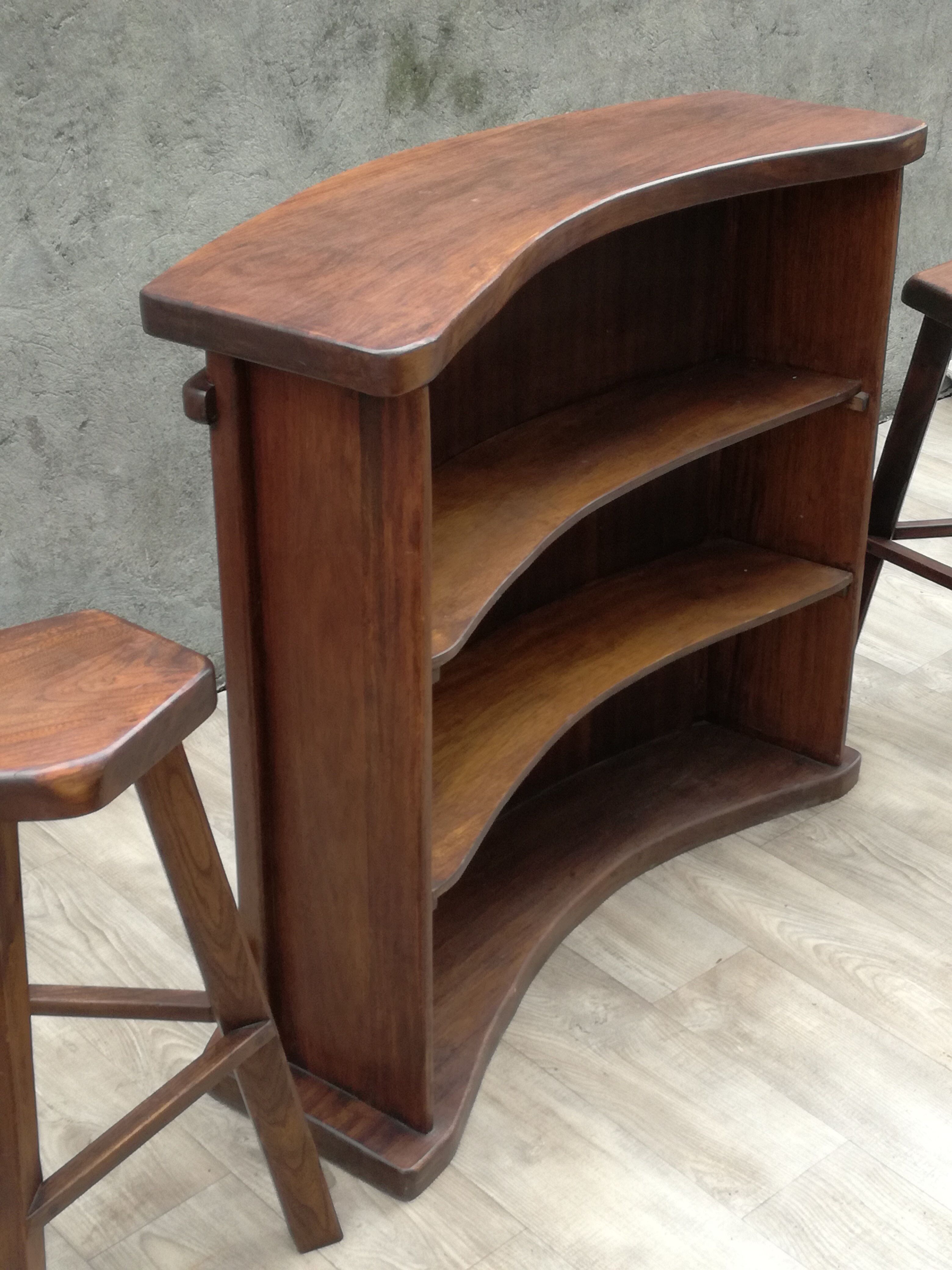 Bar and 2 brutalist stools in massive elm circa 1960