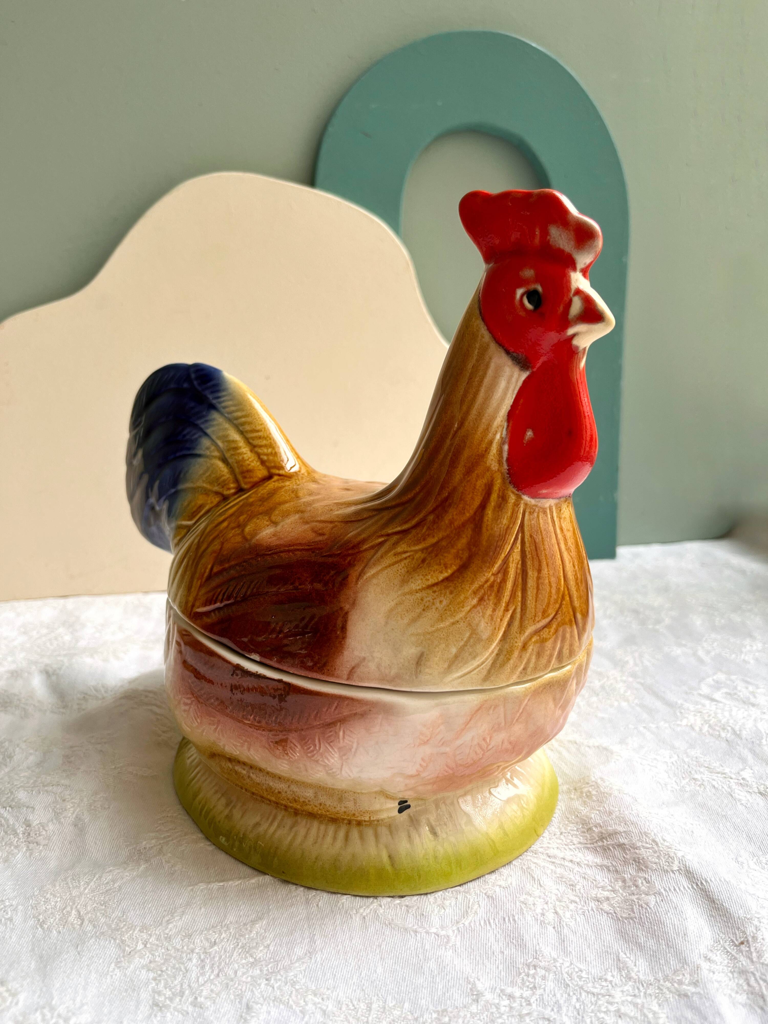 Terrine Michel Caugant rooster or hen in polychrome earthenware