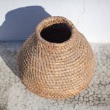 Old basket, burgundy straw and bramble, woven basket, interior decoration