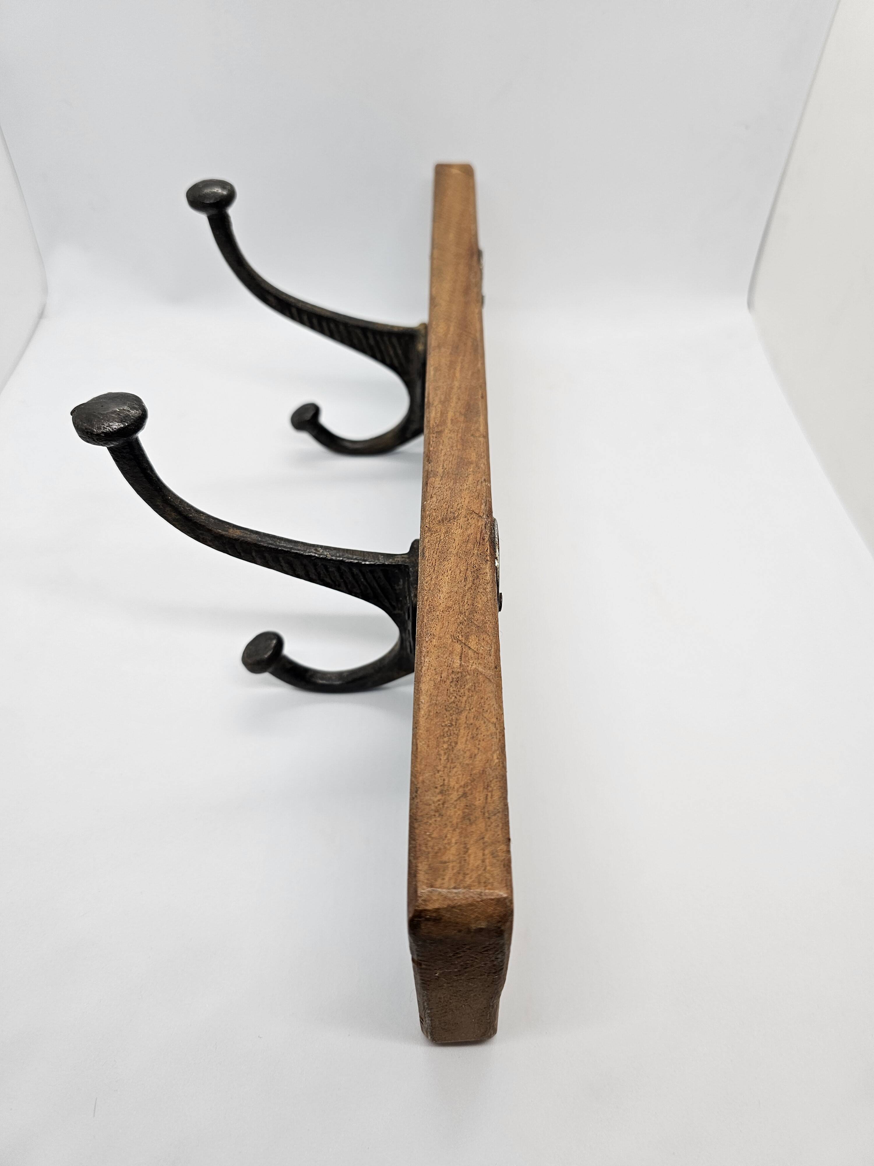 Solid teak coat hook with 2 double cast iron hooks