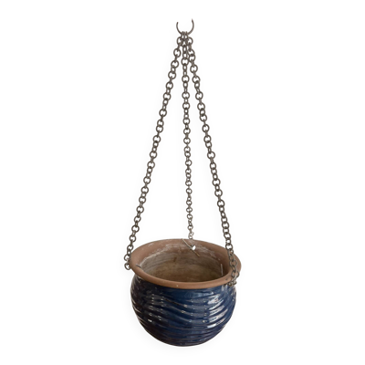 Suspension jardinière pot en terre cuite émaillée bleu vintage 1970