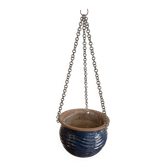 Vintage 1970s blue glazed terracotta hanging planter pot
