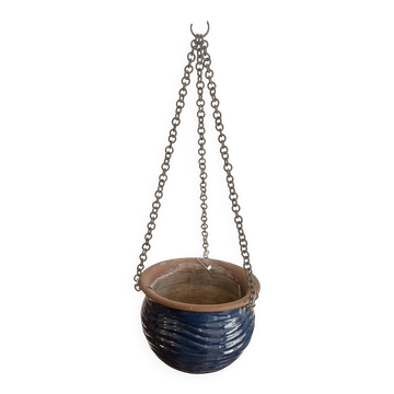 Vintage 1970s blue glazed terracotta hanging planter pot