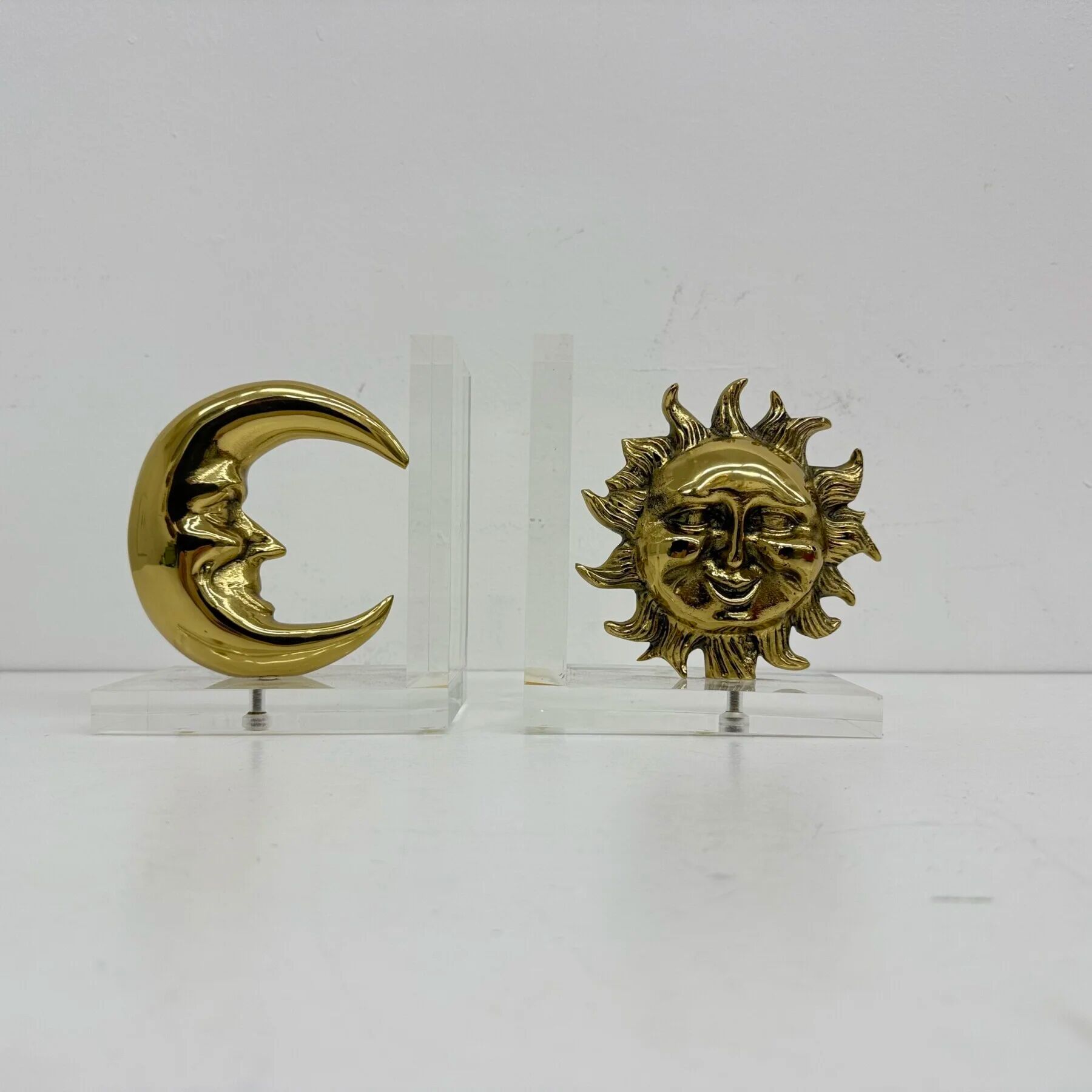 Vintage bookends sun and moon lucite and brass, 1970s