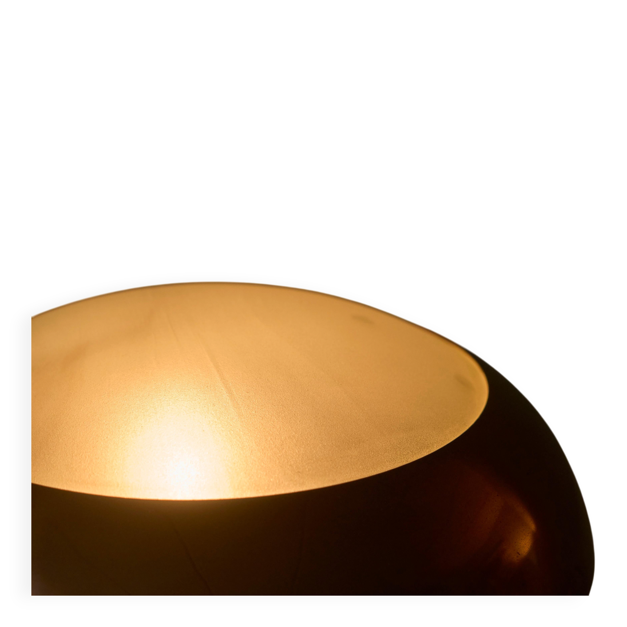 Art Deco table lamp in patinated copper, brass, and satin glass from the 1950s.