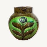 Vintage artisanal flowery ceramic pitcher vase