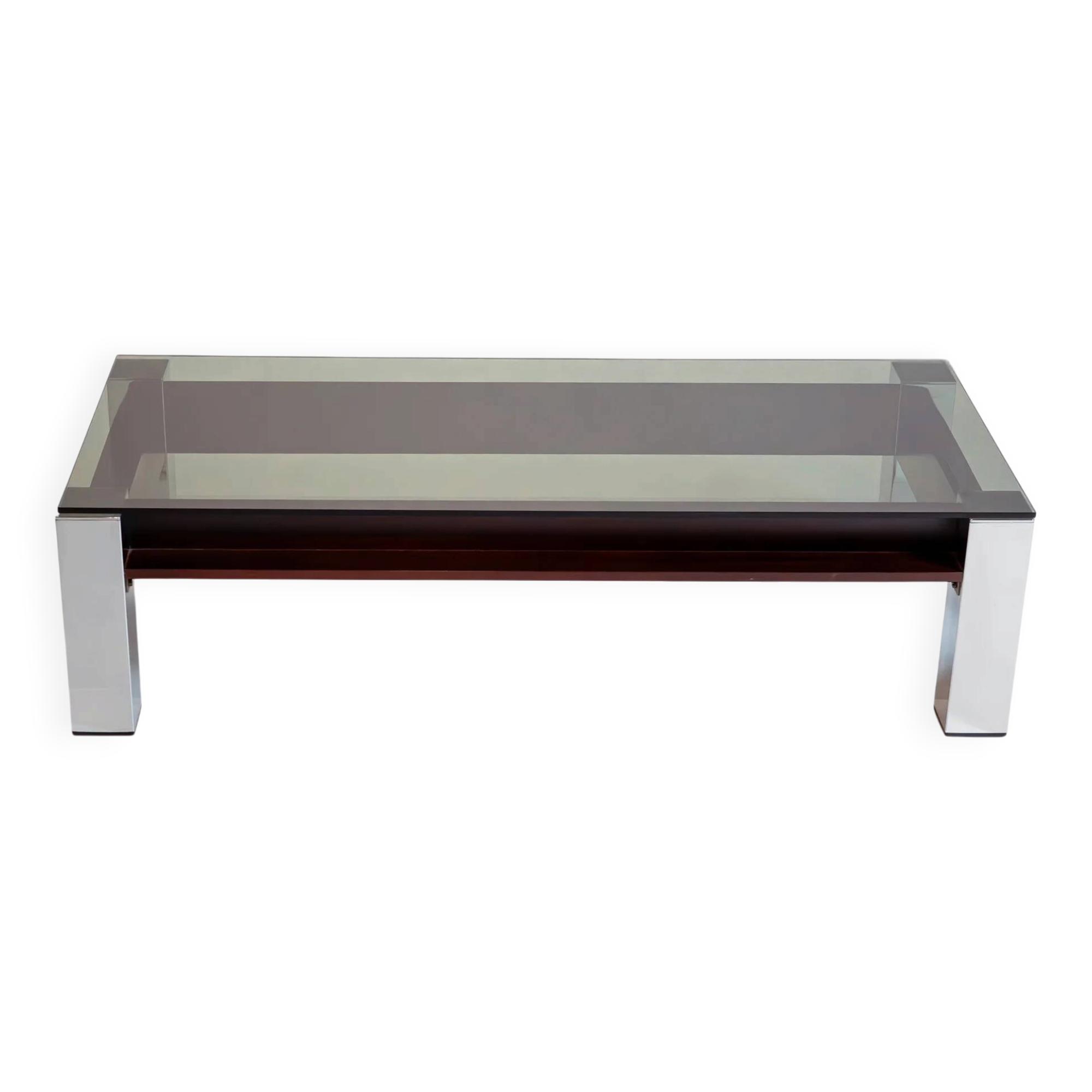 Vintage Italian coffee table with a smoked glass top and chrome structure.