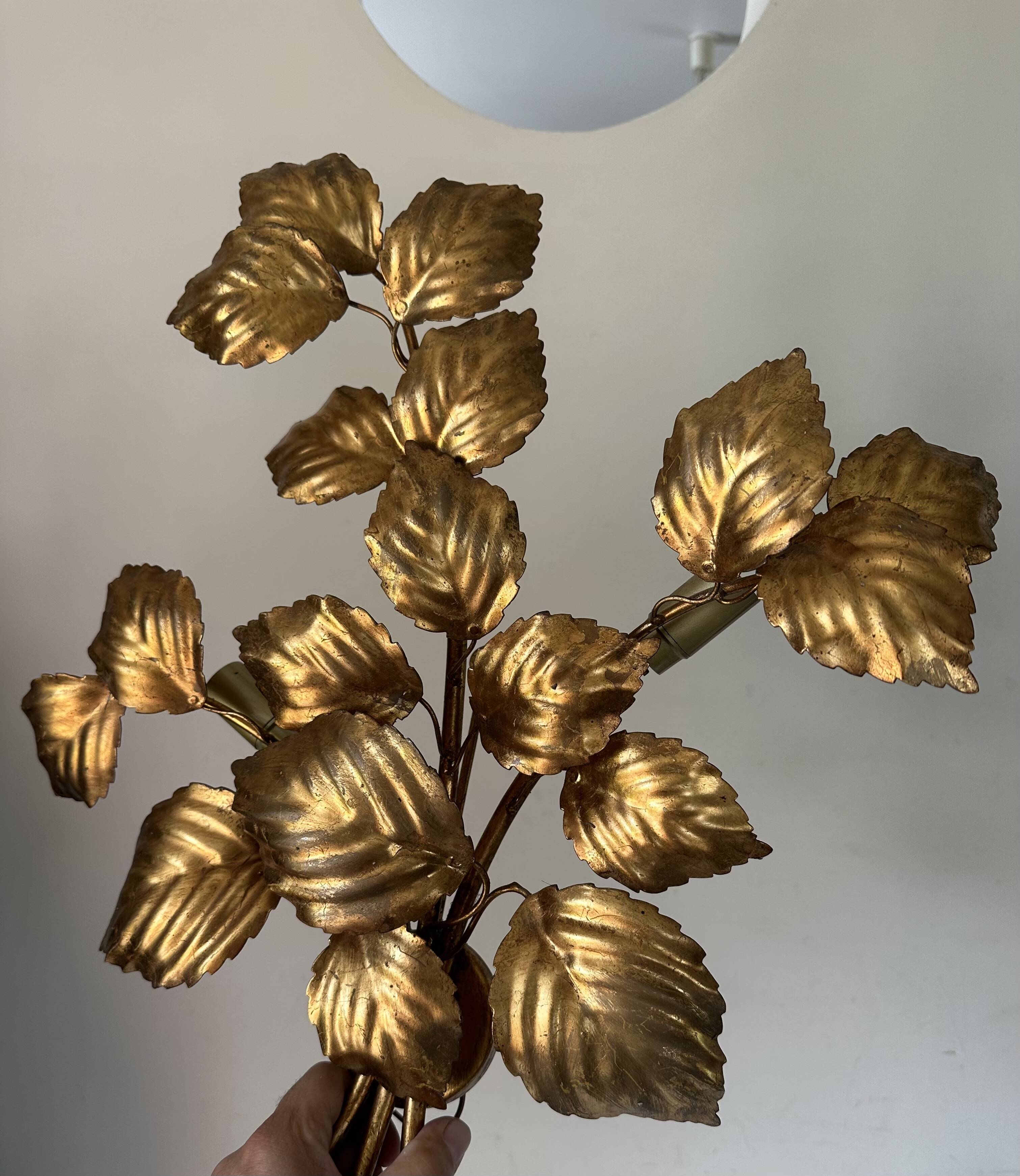 Large golden leaf wall lamp vintage design 70s