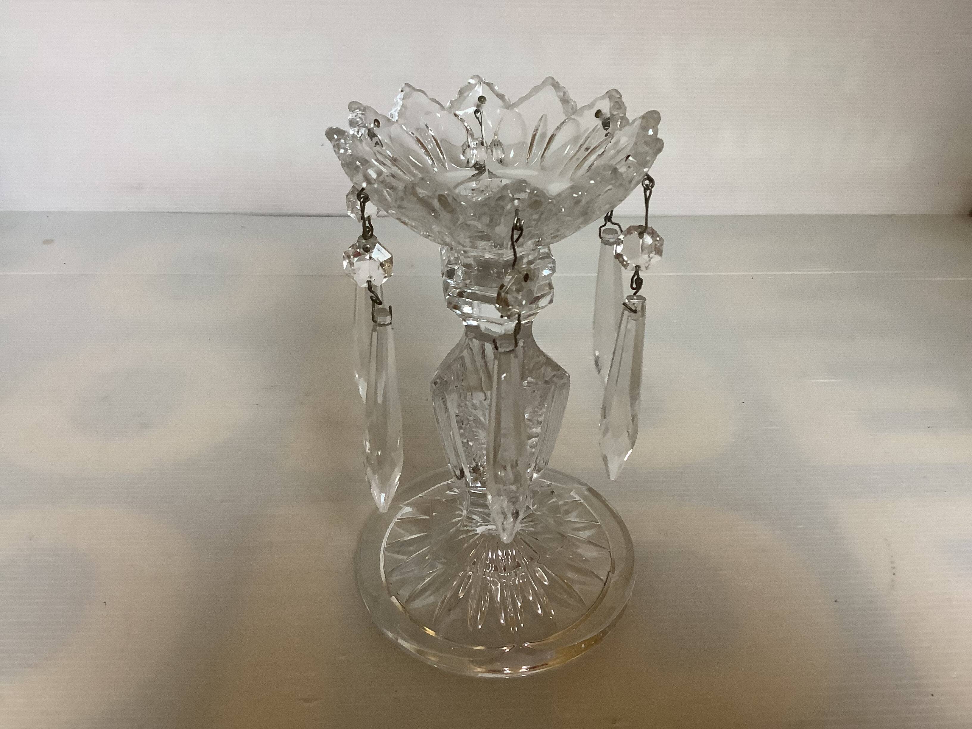 Pineapple candlestick with six glass moulded pendants.