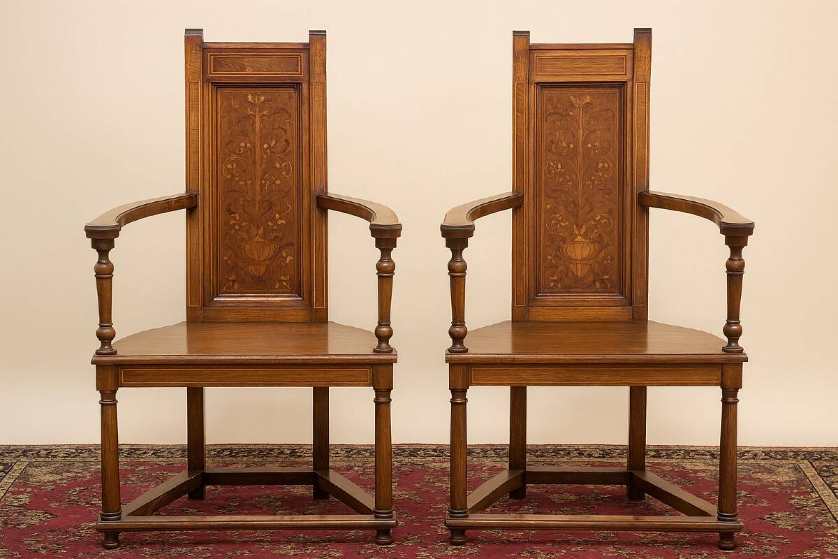 Pair of Renaissance style armchairs in walnut and marquetry.